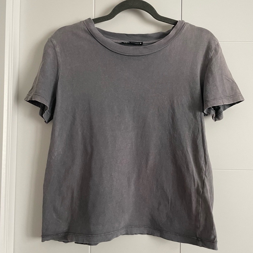 3/$25 Zara Boxy Cropped Washed Grey Crewneck Cotton T-Shirt - Picture 2 of 4